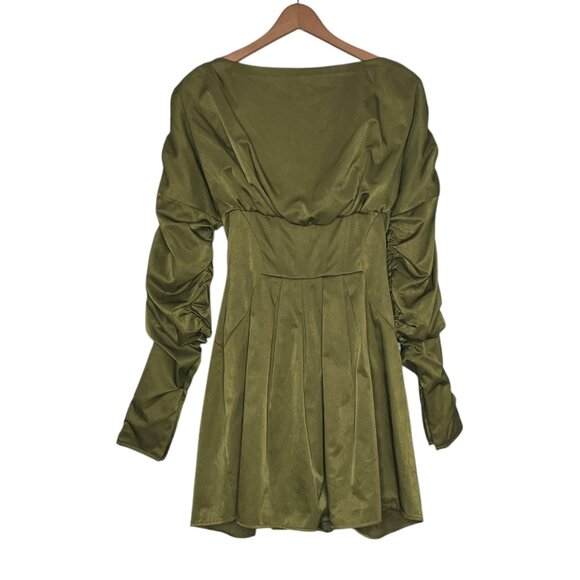 ASOS Design US 6 UK 10 Green Long Sleeve Ruched Corset Lace Up A-Line Mini Dress - Picture 3 of 5